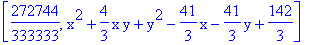 [272744/333333, x^2+4/3*x*y+y^2-41/3*x-41/3*y+142/3]